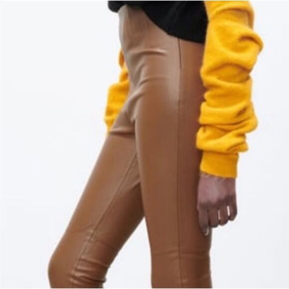 ZARA Brown High-Rise Faux Leather Pants Size L - Picture 4 of 10